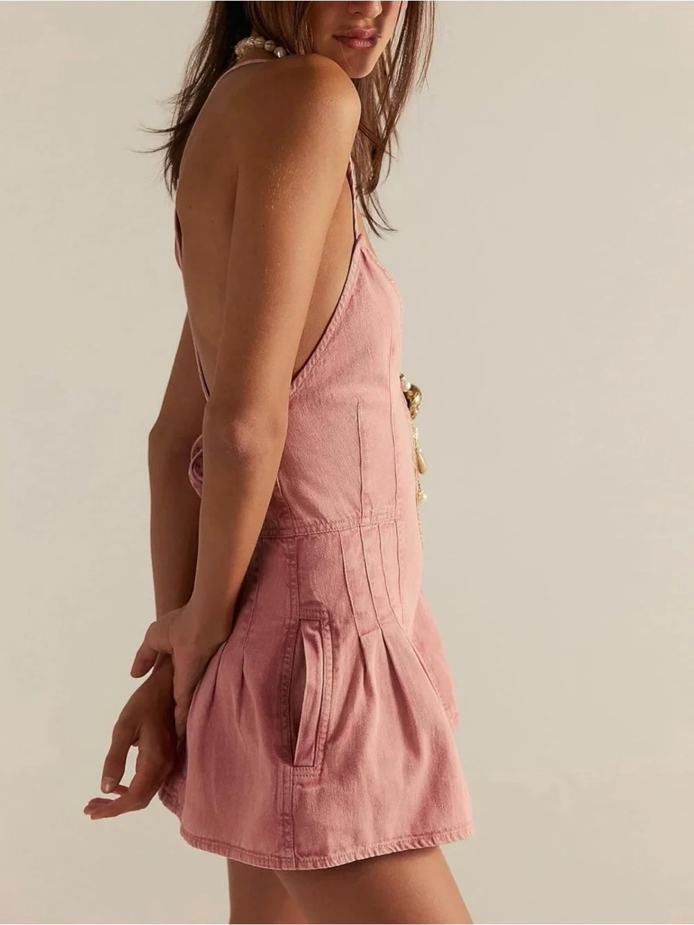 Pink Denim V-Neck Romper - Picture 3 of 5